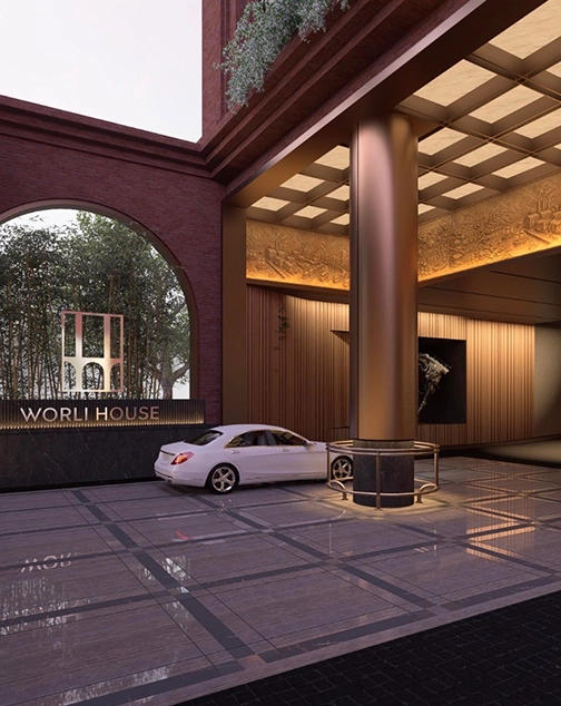 Grand double-height 20-foot luxury lobby with refined architectural interiors and elegant arrival experience
