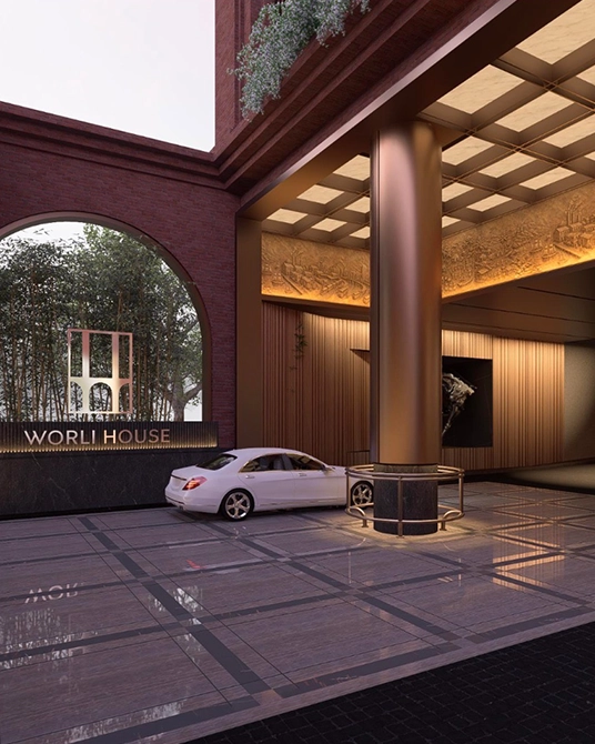 Grand double-height 20-foot luxury lobby with refined architectural interiors and elegant arrival experience