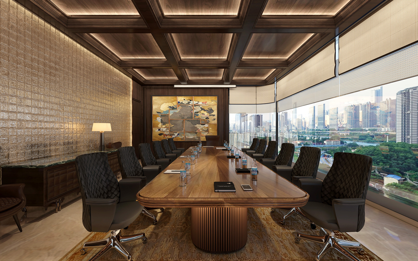 Interior view of a high-rise office floor with floor-to-ceiling glass windows overlooking a city skyline